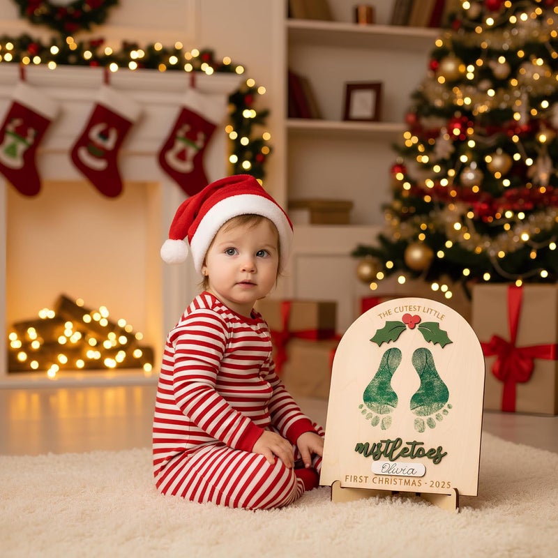 NELXI Personalized Baby’s First Christmas 2025 Wooden Mistletoes Footprint Art, DIY Baby Craft Keepsake, Rustic Christmas Milestone Card, Grandparents Gifts, Baby Shower or Newborn Photoshoot Prop - Image 3
